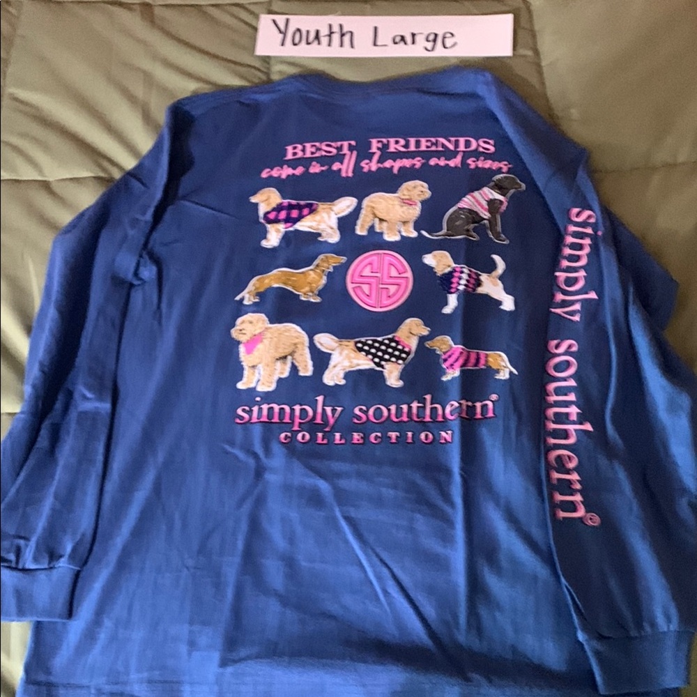 2/$24 Simply Southern Blue Long Sleeve Tee with Pink Graphics